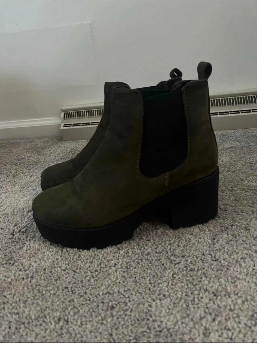 Chunky Chelsea Booties in Olive Suede